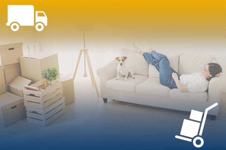 woman relaxing with her dog with packed boxes after a move, article cover graphic