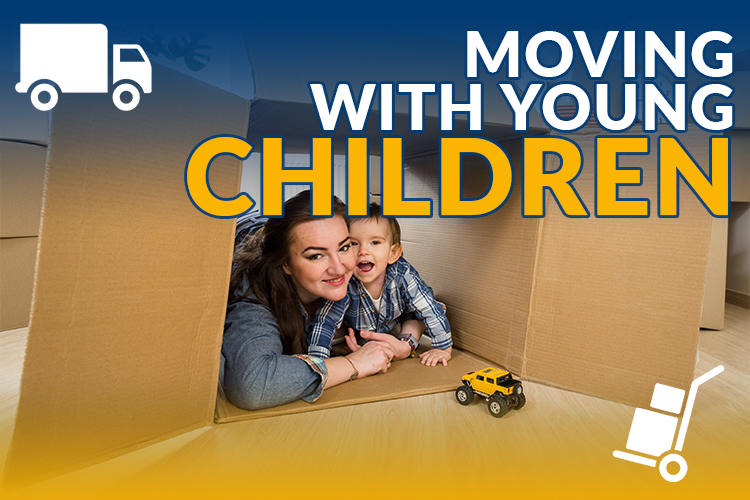 mother and child playing in a moving box, during a move, artle cover graphic